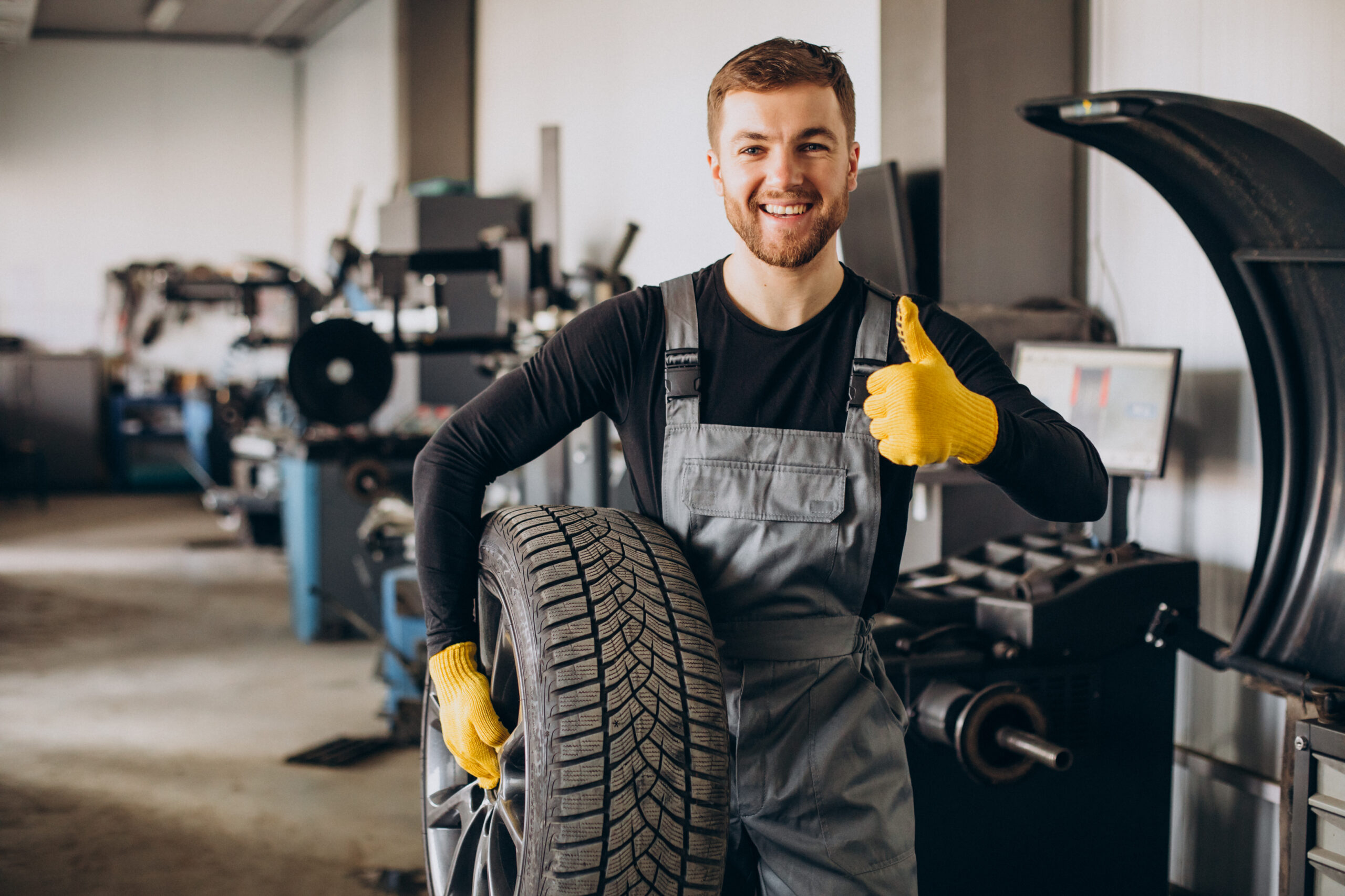 car mechanic changing wheels in car